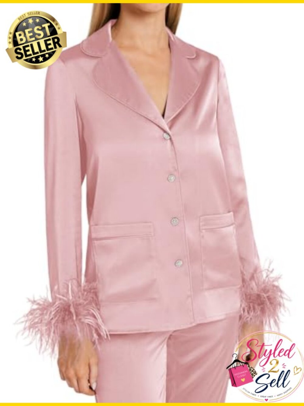 Silk Satin Pajama Set Feather Trim Long Sleeve Lounge Bridal Gift - Picture 2 of 6